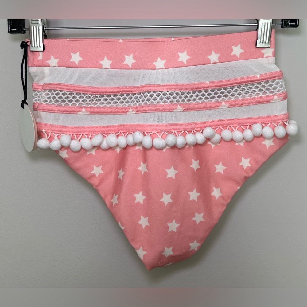 NWT Tularosa Revolve Pink White Star Pom Pom Bikini Bottom Mesh Stripe Swim XS - Picture 2 of 5